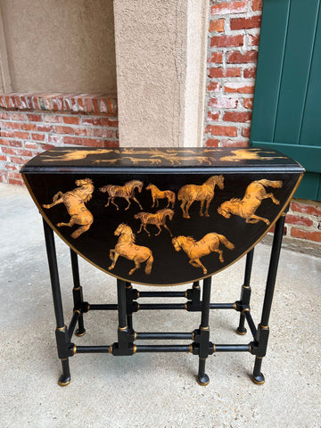 Antique English Drop Leaf Side Table Horse Equestrian Chinoiserie Petite Oak