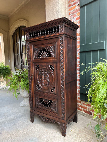 Antique French Carved Bonnetiere Armoire Cabinet Brittany Breton Ship Spindle