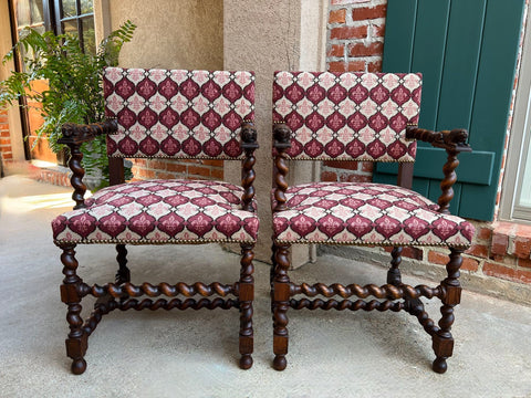 Pair SET Antique French Arm Chair Barley Twist Oak Renaissance Lion Fleur De Lis