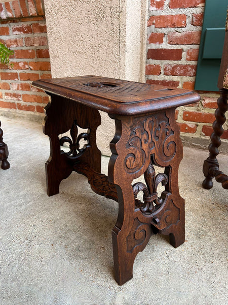 Antique French Bench Stool Gothic Renaissance Carved Oak Trestle Fleur de lis