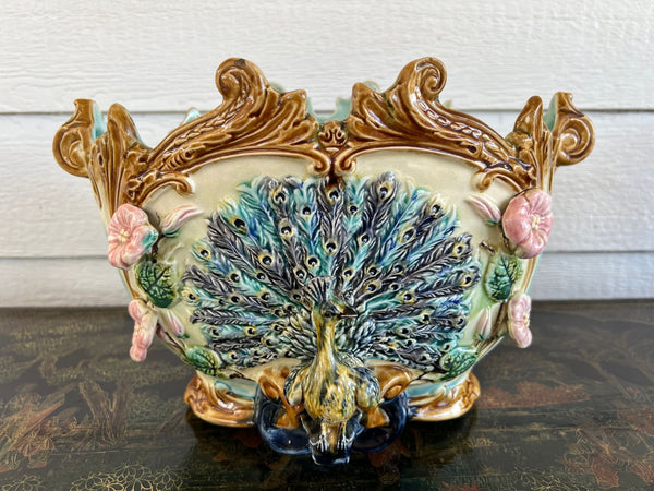 Antique French Majolica Jardinière Planter Peacock Onnaing Large Cache Pot c1880