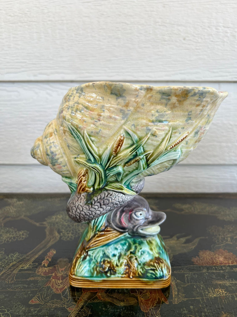 Antique Majolica Vase Bowl Dolphin Nautilus Shell English Royal Worcester c1870