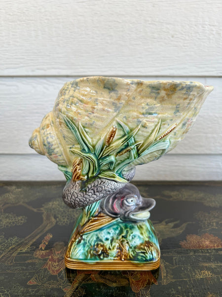 Antique Majolica Vase Bowl Dolphin Nautilus Shell English Royal Worcester c1870