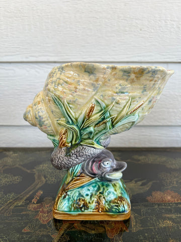 Antique Majolica Vase Bowl Dolphin Nautilus Shell English Royal Worcester c1870