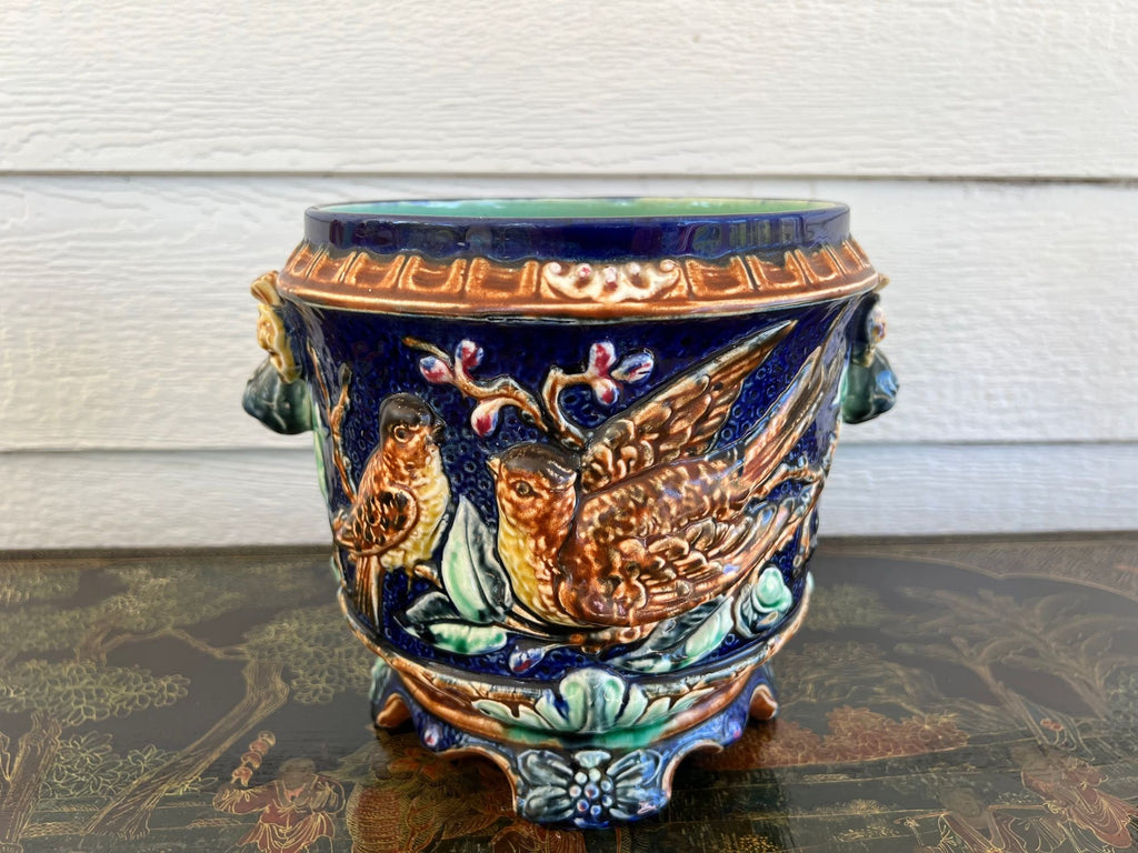 Antique Majolica Bird Planter Cache Pot Jardinière Cobalt Blue Wasmuël c1890