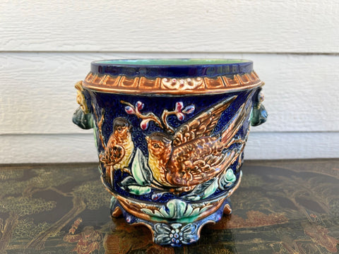Antique Majolica Bird Planter Cache Pot Jardinière Cobalt Blue Wasmuël c1890