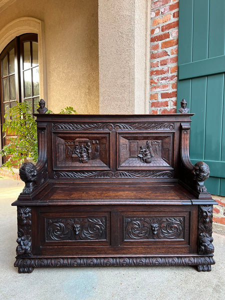 Antique French Hall Bench Breton Brittany Small Settee Carved Oak Lion Pew