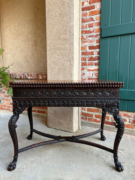 Antique Foyer Hall Table British Colonial Carved Wood Leather Flip Top Burmese