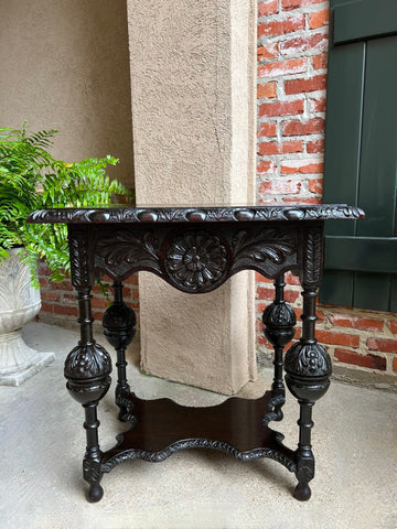 Antique English Side Sofa Table Ebonized Carved Oak Baroque Two Tier Tudor