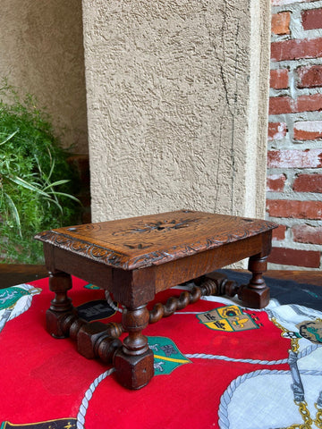 Antique English Kettle Stand Footstool Barley Twist Carved Oak Display Stool