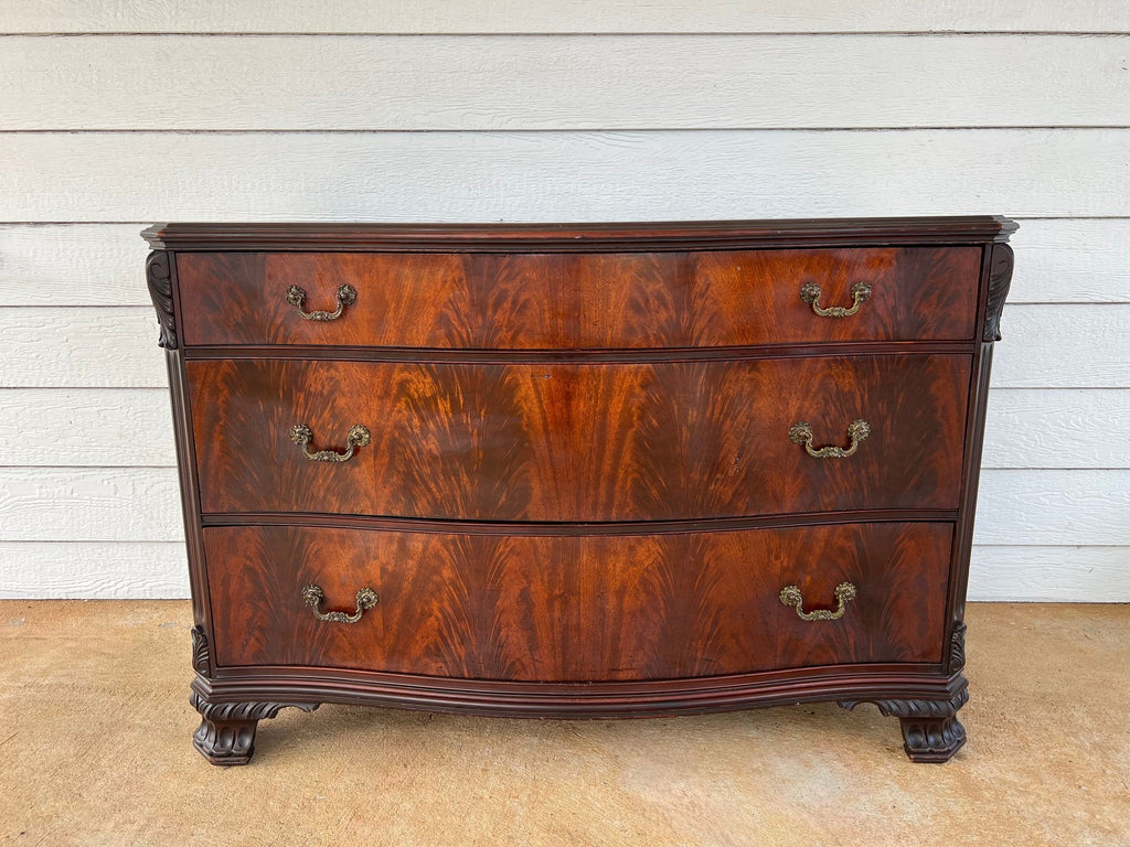 Antique Georgian Revival Chest of Drawers Flame Mahogany Serpentine Carved c1940