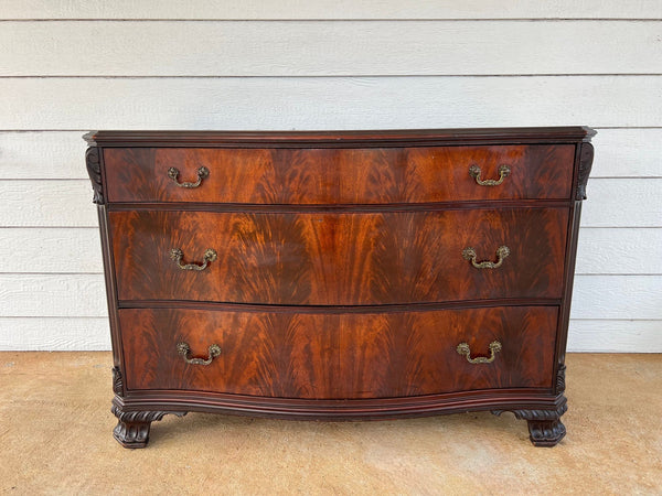 Antique Georgian Revival Chest of Drawers Flame Mahogany Serpentine Carved c1940