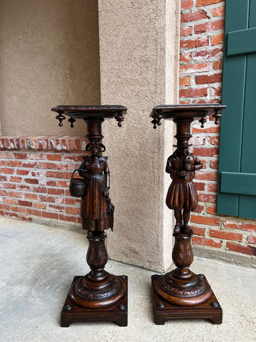 Antique French Breton Pedestal Stands PAIR Carved Figural Display Brittany c1900