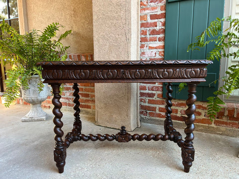 Antique French Sofa Table Writing Desk Barley Twist Carved Oak Renaissance