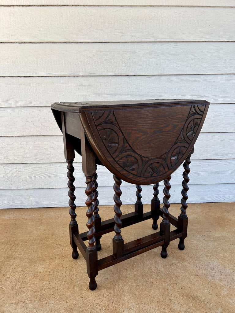 PETITE Antique English Side Sofa Table Barley Twist Drop Leaf Gateleg Carved Oak