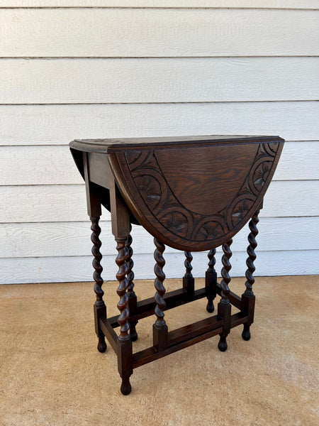 PETITE Antique English Side Sofa Table Barley Twist Drop Leaf Gateleg Carved Oak