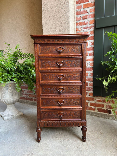 Antique English Victorian Wellington Chest of Drawers Campaign Carved Oak