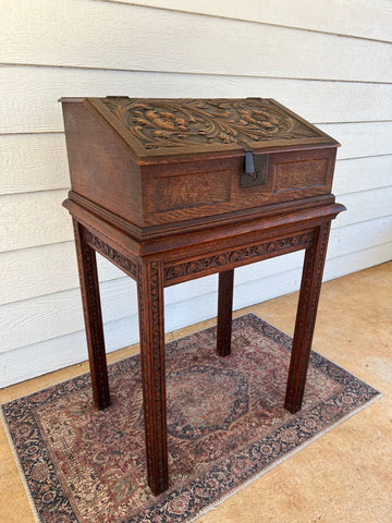 Antique English Slant Top Bible Box Desk Stand Jacobean Carved Oak Lectern c1890