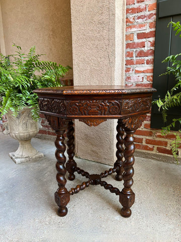 Antique French Octagon Sofa Table Carved Oak Barley Twist Louis XIII Renaissance