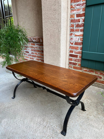Antique French Coffee Table Bench Country Farmhouse Tiger Oak Wrought Iron c1920
