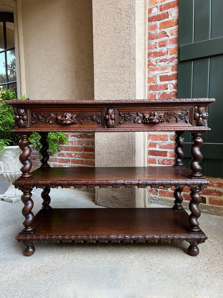 Antique French Carved Oak Server Sideboard Barley Twist Renaissance Bookshelf