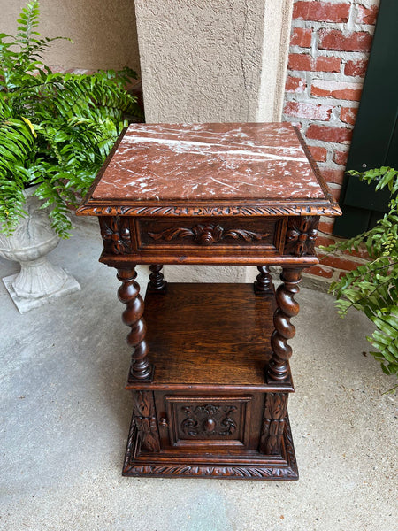 Antique French Side End Table Cabinet BARLEY TWIST Carved Oak Renaissance Marble