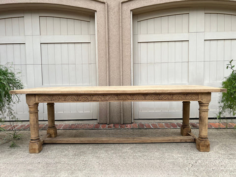 Antique French Dining Farm Table Bleached CARVED Oak 8 ft. LARGE c1880