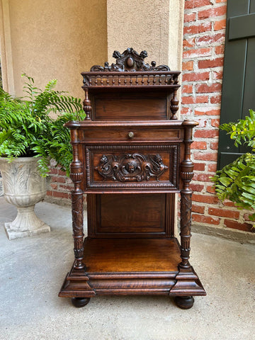 Antique French Side End Table Cabinet Carved Oak Renaissance Spindle Gallery