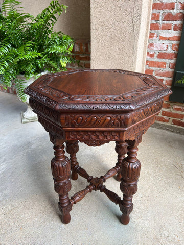 Petite Antique French Octagon Center Side TABLE Renaissance Carved Oak