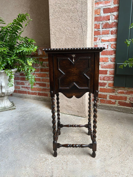 Antique English Square Table Plant Stand Jacobean BARLEY TWIST Cabinet Dark Oak