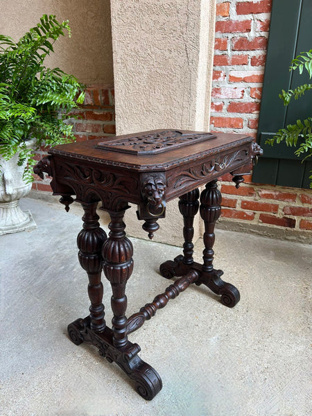 Antique French Console Side Table Renaissance PETITE Gothic Carved Oak c1880