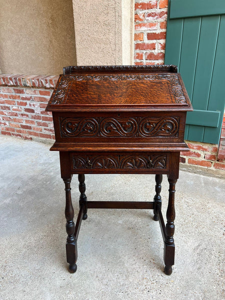 Antique English Slant Front Desk Display Stand Jacobean Carved Tiger Oak Lectern