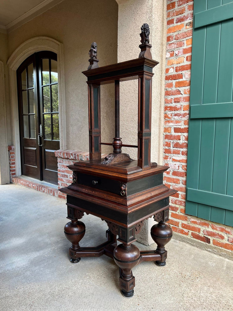 Antique English Book Press Table Renaissance Carved Oak Ebonized Cabinet c1880