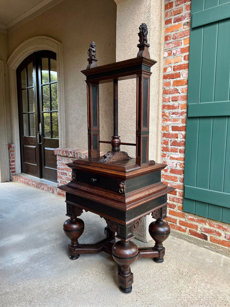 Antique English Book Press Table Renaissance Carved Oak Ebonized Cabinet c1880
