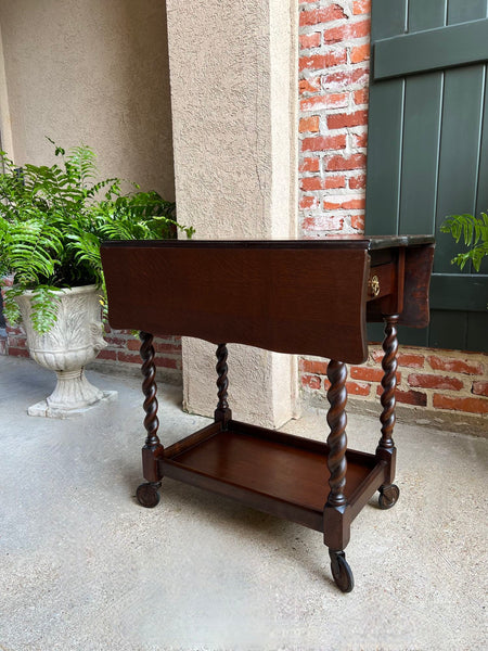 Antique English Tea Trolley Drinks Cart Barley Twist Dumbwaiter Drop Leaf Table