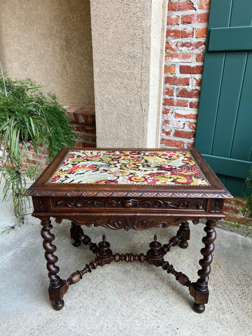 Antique French Sofa Table Writing Desk Barley Twist Carved Renaissance Tapestry