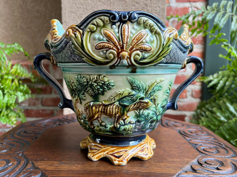 Antique French Majolica Jardinière Onnaing Tiger Monkey Jungle Cache Pot Planter