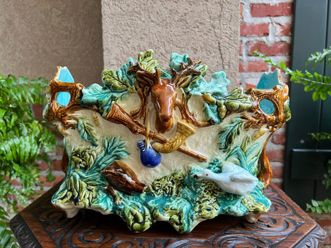 Antique French Majolica Barbotine Jardinière Hunt Stag Onnaing Cache Pot Planter