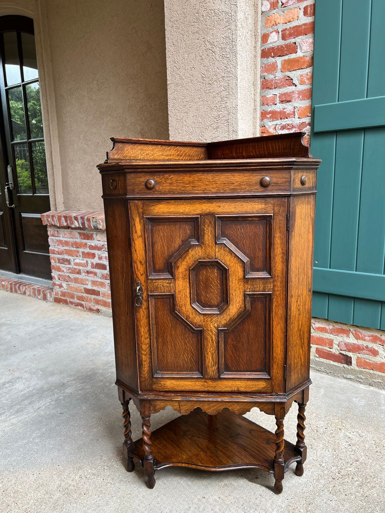 Antique English Tiger Oak Corner Cabinet Barley Twist Jacobean Arts & Crafts