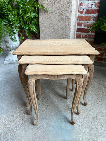 Set 3 Vintage French Nesting Tables Bleached Stripped Carved Oak Side End Table