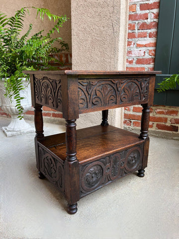 Antique French End Table Bible Box Carved Oak Two Tier Bench c1790