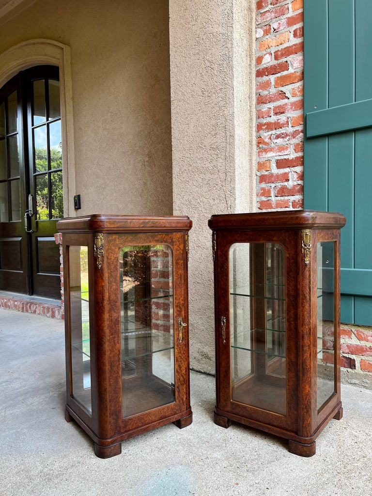 PAIR Antique French Glass Vitrine Display Cabinets Burl Mahogany Mirror c1900