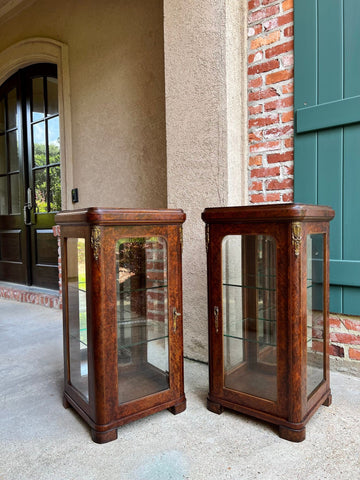 PAIR Antique French Glass Vitrine Display Cabinets Burl Mahogany Mirror c1900