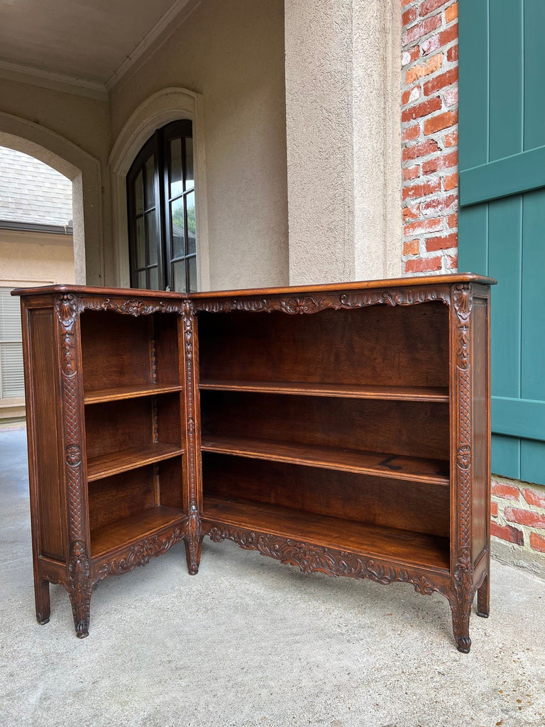 Antique French Corner Bookcase Carved Oak Louis XV Revival Open Shelves c1920