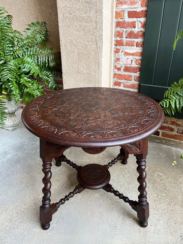 Antique English ROUND Side Center Table BARLEY TWIST Carved Oak Jacobean c1910