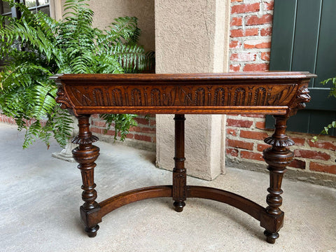 Antique French Console Hall Table Renaissance Revival Demilune Carved Oak c1900