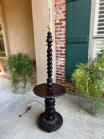 Antique English Carved Oak Floor Lamp OPEN Barley Twist w Round End Table c1920