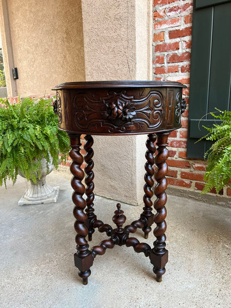 Small Antique French ROUND Center Side TABLE Barley Twist Renaissance Carved Oak