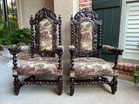 PAIR Set Antique French Arm Chair Dining Fireside Barley Twist Horse Hunt Hounds