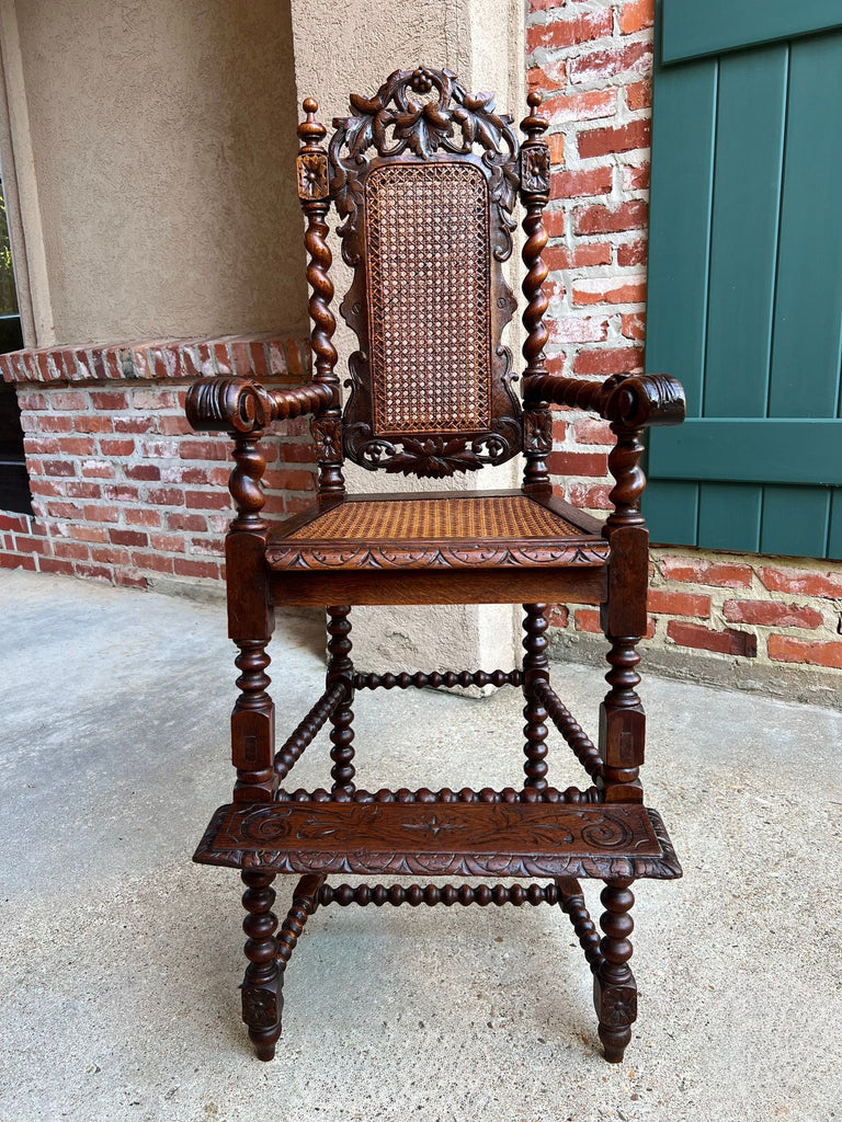 Antique French Child High Chair Renaissance Barley Twist Carved Oak Caned c1890